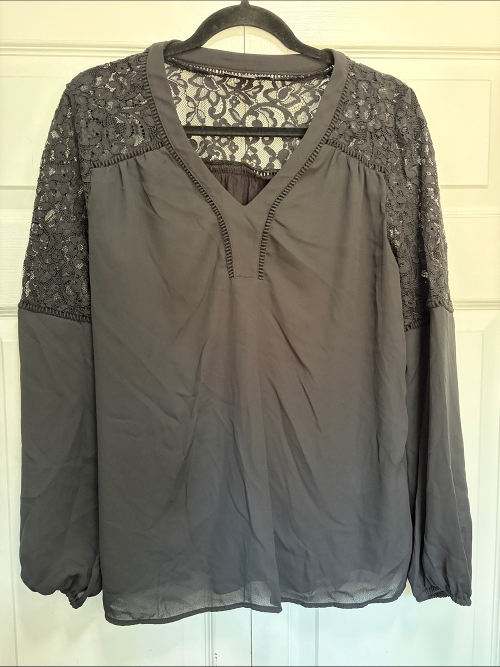INC International Concepts Gray Lace-Yoke V-Neck Blouse